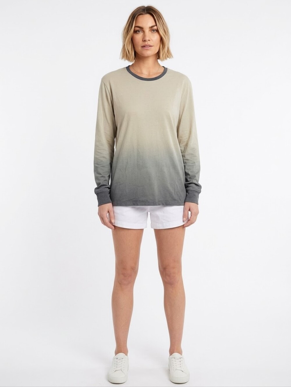 Women's Ombre Long-Sleeve Crewneck Top - Sage to Charcoal Up To Size 3XL NWT